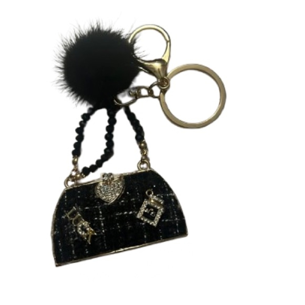 #665 KEYCHAIN Black Purse with Black Fuzzy Pom Pom NWOT Chic Gold Embellishments
